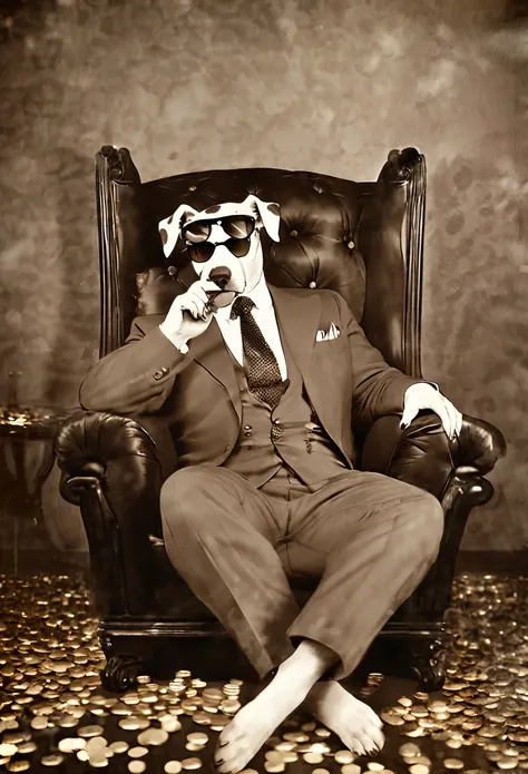 Wear sunglasses, An old Dalmatian dog with a cigar and a mafia boss sitting in an armchair, Gold coins falling from the sk, Vintage Sepia Photography,