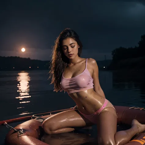 beautiful  Maeva genam girl 18 years kneeling on life raft, wet sports t-shirt pulled above small breasts, pink sheer panties, eyes closed, dark skies, rain, moon light, small breasts showing, muddy water