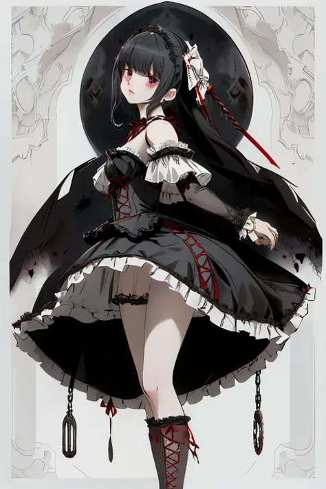 ((best quality)), ((masterpiece)), (detailed), 1girl, off-shoulder, blank white background, plain background, white background, red and white clothing, Bloodborne inspired,  occult aesthetic, occult, detailed and intricate steampunk and detailed gothic, NS...