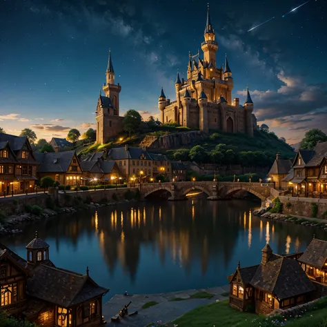 beautiful, best quality, scene, town, castle, steampunk technology, clouds, starry night sky, fantasy world, bustling town