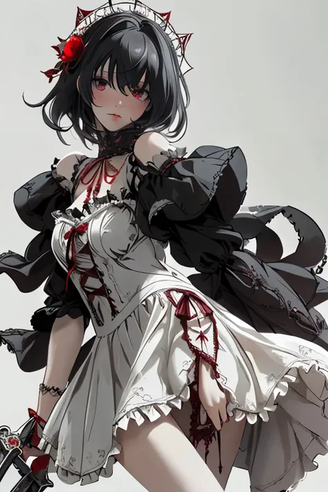 ((best quality)), ((masterpiece)), (detailed), 1girl, off-shoulder, blank white background, plain background, white background, red and white clothing, Bloodborne inspired,  occult aesthetic, occult, detailed and intricate steampunk and detailed gothic, NS...