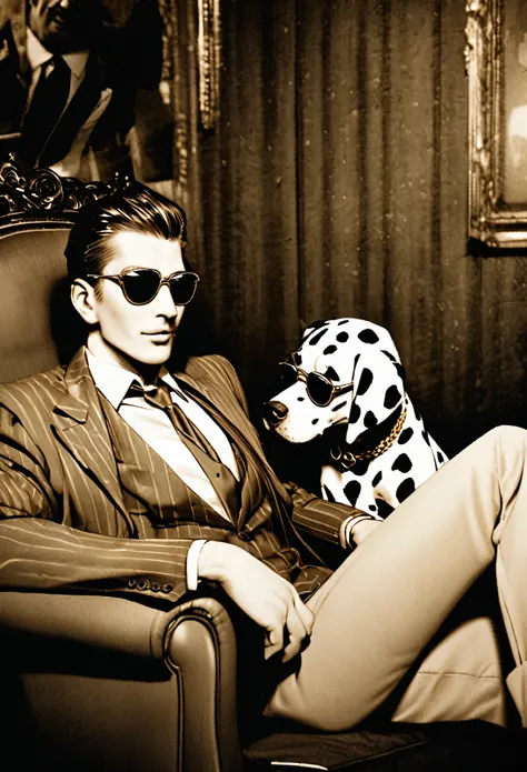 Wear sunglasses, An old Dalmatian dog with a cigar and a mafia boss sitting in an armchair, Gold coins falling from the sk, Vintage Sepia Photography,