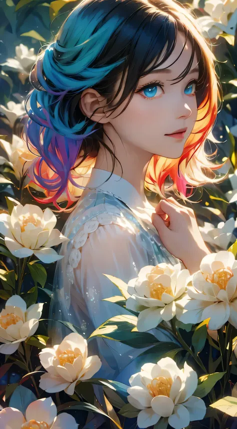 a girl，rainbow colored hair，Romanticized nature，curls，A dreamlike realm，light white and light red，light white and cyan，HD，high detail，high quality，Very good atmosphere，exquisite，CG rendering，Detailed rendering，（exquisite facial portrayal）（Fine hair depicti...