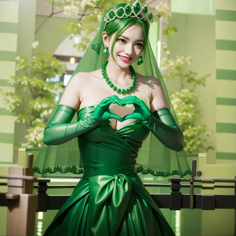 Emerald tiara, Green Pearl Necklace, Boyish very short green hair, Green Lips, Smiling Japanese woman, Very short hair, Busty beautiful lady, Green Eyes, Green satin long gloves, Green Eyes, Emerald Earrings, Green veil, Heart with both hands, Green Hair, ...