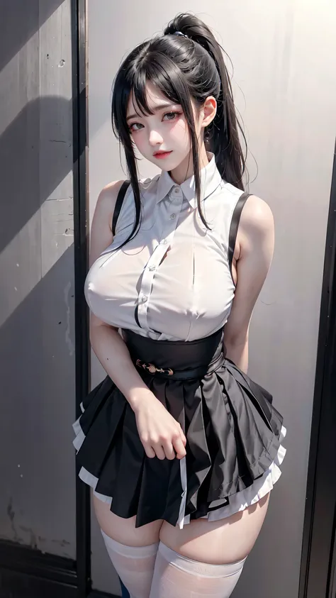 1 female,12years old,Black Hair,Beautiful ponytail hairstyles, (High Waist Skirt:1.3),, (White shirt:1.3), (Double-breasted,Underbust:1.2), Moaning,Sweaty thighs,My crotch is wet,Roll up your skirt,who、blush、whole body、A skirt so short that you can almost ...