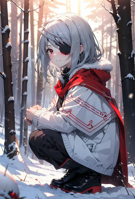 Laurabodewig, Laura Bodewig, Long Hair, (Red eyes:1.3), Grey Hair, Eye patch,smile,smile,blush,White Breath,
Open your mouth,snow,A bonfire on the ground,,Outdoor, boots, snowing, From the side, wood, suitcase, Cape, Blurred, , forest, White handbag, natur...
