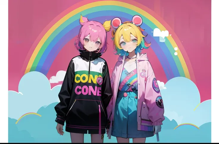 there are two women in costumes standing next to each other, y 2 k cutecore clowncore, rainbows in the background, rainbow bg, rainbowcore, decora inspired illustrations, decora inspired, lgbt art, nixeu and sakimichan, kda and sam yang, e - girl, e-girl, ...