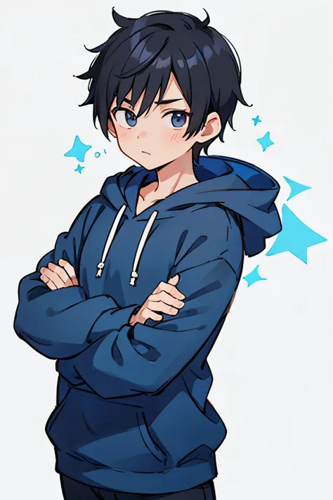 Anime male teen with short black hair with blue hoodie