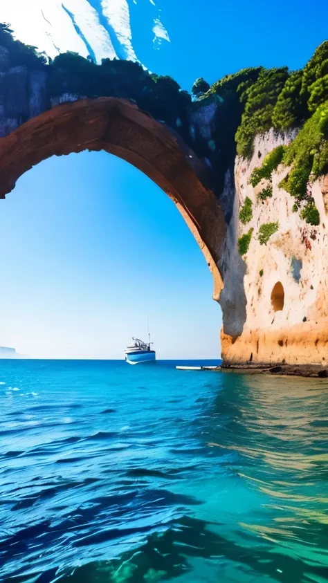 there is a man that is standing in the water near a rock, by Alexis Grimou, by Alexander Deyneka, massive arch, capri coast, gorgeous background, by Alexander Kucharsky, the photo was taken from a boat, breathtaking shot, instagram photo amazing view, by M...