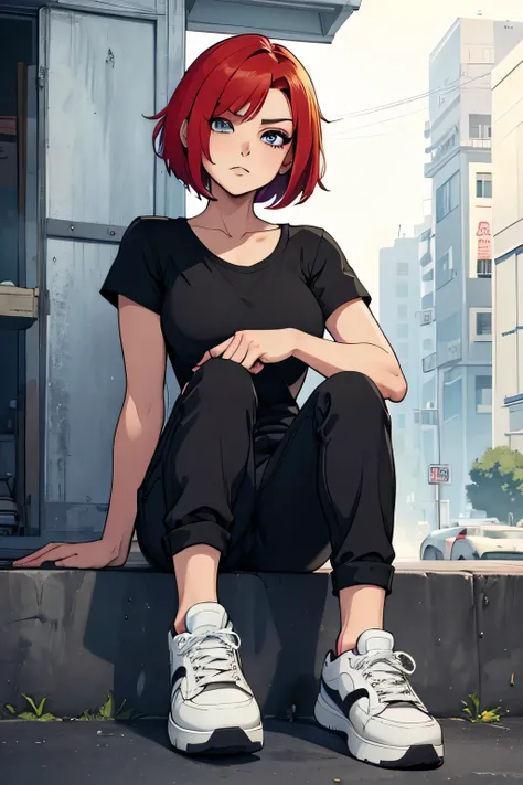 (masterpiece), best quality, expressive eyes, perfect face, 1girl, vibrant colors, looking at viewer, serious, bored, red short hair, skinny, wearing black cargo pant, black long simple t shirt, white shoes, anime art style