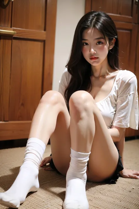 A beautiful girl wants to take off her white socks in front of me，Red cheeks，She put her feet towards me for me to admire，She looks like Liu Yifei and Qi Wei