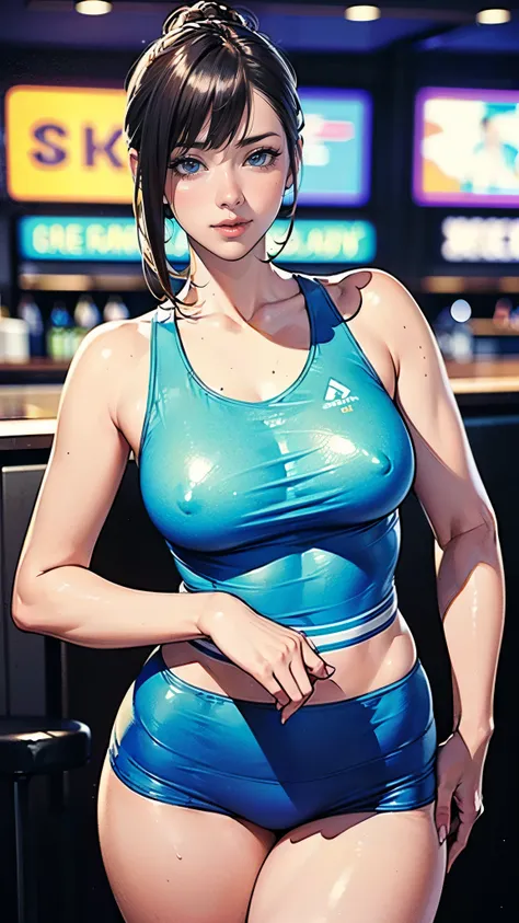 (masterpiece:1.5),(highest quality:1.5),(Very detailed:1.5),(High resolution),(8k),(wallpaper),(Perfect lighting:1.2),BREAK(One Woman),(Mature woman working as a waiter at a sports bar:1.5),(48 years old),(hooters),(((A very form fitting white tank top:1.5...