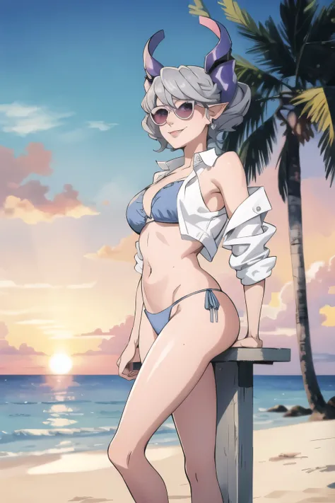 　High level image quality　best image quality　8K　 adult woman  beach  sunset　palm trees   whole body view　portrait　blue bikini   　horn    ears  　short hair（（shortcut）（gray hair）（perm）（fluffy））　eye color is blue , pink sunglasses , 　attractive evil face , sm...