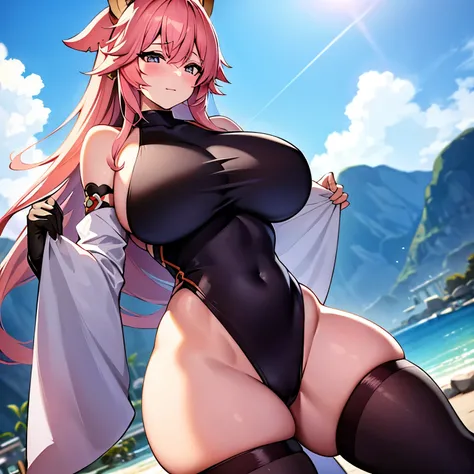 ((extreme detail)),(ultra-detailed), extremely detailed CG unity 8k wallpaper, best quality, Yae_Miko_Genshin_Impact, bodysuit, posing, cowboy shot, lens flare. Girl with thick fat chunky physique. Her height is around 5 feet 2 inches (157 cm), with a huge...