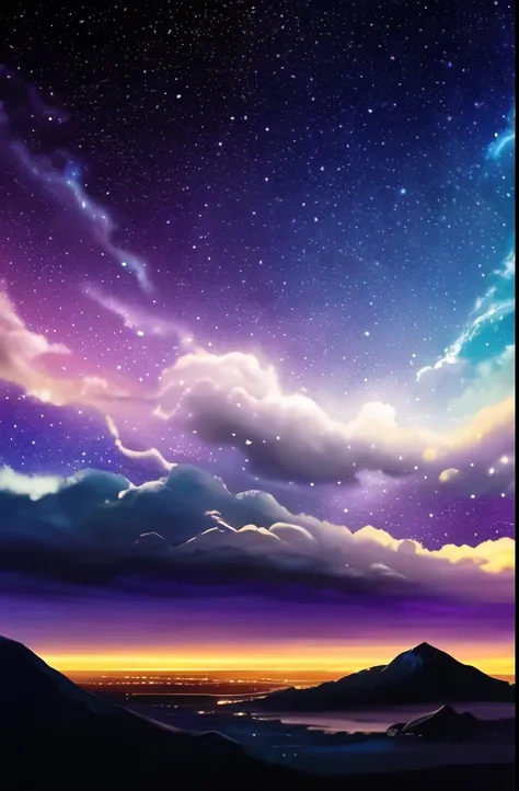 a painting of a night sky with clouds and stars, nebula clouds, nebula sky, space clouds, dramatic nebula sky, beautiful night sky, cosmic sky, interstellar stormy bright sky, dramatic night sky, night clouds, cosmic skies, epic clouds and lighting, atmosp...