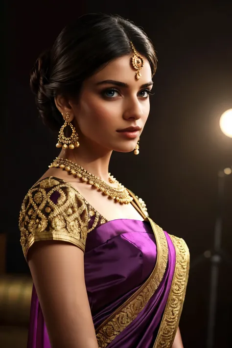 In this photograph, an Indian Instagram female model in her mid-20s takes center stage. (highly detailed face:1.4) (smile:0.7) (background 5-star hotel, moody, private study:1.0V, by Lee Jeffries, Nikon D850, film stock photograph, 4 Kodak Portra 400, came...