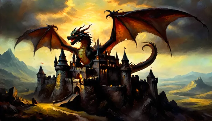 a dragon, flying, castle shadow landscape, dramatic lighting with intense shadows, dark fantasy style, in a detailed oil painting