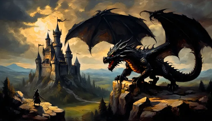 a black dragon, flying, castle shadow landscape, dramatic lighting with intense shadows, dark fantasy style, in a detailed oil painting