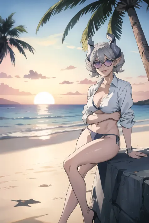 　High level image quality　best image quality　8K　 adult woman  beach  sunset　palm trees   whole body view　portrait　blue bikini   　horn    ears  　short hair（（shortcut）（gray hair）（perm）（fluffy））　eye color is blue , pink sunglasses , 　attractive evil face , sm...