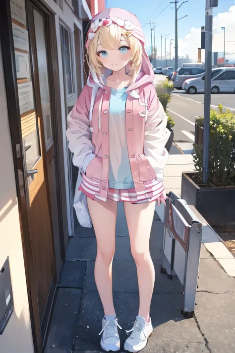 pink letterman jacket, hood up, full body, high quality