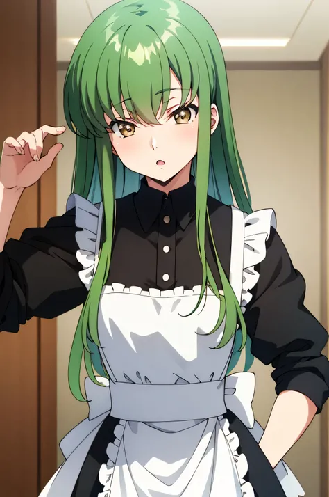 solo、Make your face clear、Green hair color、Cheeks are a little red、Maid Costume、