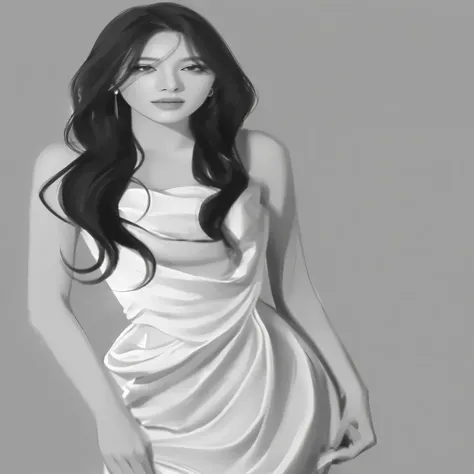 Drawing of a woman in a white dress posing for a photo, elegant digital painting, Digital art of elegance, Style in digital painting, digital sketch, Black and white sketch, digital painting style, Inspiration from Kim Deuksin, digital pencil drawing, Form...