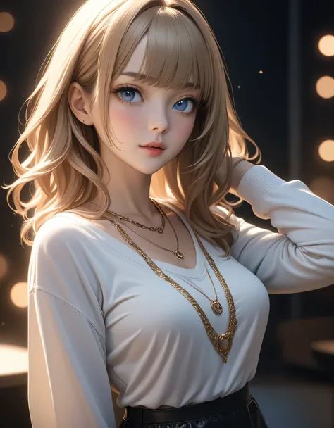 best quality, masterpiece, high resolution, A girl, blond, Blue eyes, fashion clothing, necklace, jewelry, Pretty Face, Perfect breasts, more than_Body, Tyndall effect, lifelike, Dark Studio, Side lighting, Two-color lighting, (HD Skin:1.2), 8k Ultra HD, S...