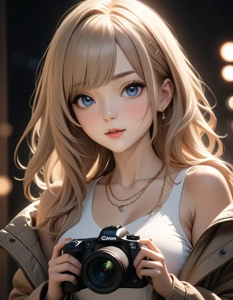 best quality, masterpiece, high resolution, A girl, blond, Blue eyes, fashion clothing, necklace, jewelry, Pretty Face, Perfect breasts, more than_Body, Tyndall effect, lifelike, Dark Studio, Side lighting, Two-color lighting, (HD Skin:1.2), 8k Ultra HD, S...