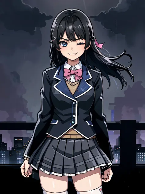 best quality, masterpiece, 1 girl, (silhouette lighting:1.2), (cowboy shot:1.3), one eye closed, grin, tsukino mito, long hair, black hair, blazer, black jacket, hairclip, hair ornament, white thighhighs, bangs, pleated skirt, pink bow, , short sleeves, co...