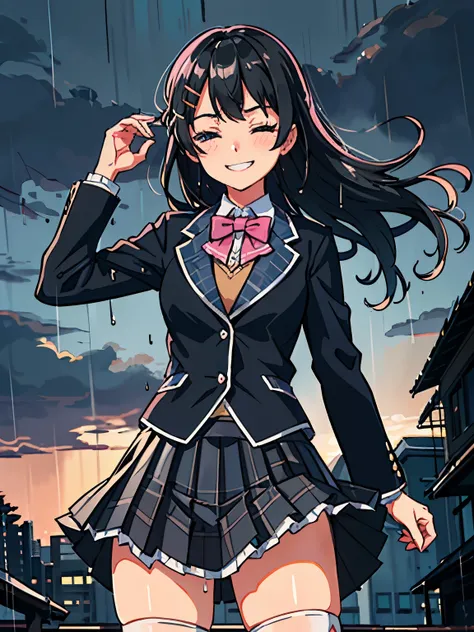 best quality, masterpiece, 1 girl, (silhouette lighting:1.2), (cowboy shot:1.3), one eye closed, grin, tsukino mito, long hair, black hair, blazer, black jacket, hairclip, hair ornament, white thighhighs, bangs, pleated skirt, pink bow, , short sleeves, co...