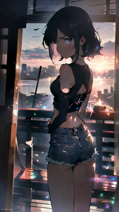 masutepiece, high quality, girl, big clothes, underwear with a small area, comfortable clothing, night, sunset, a small room wit...