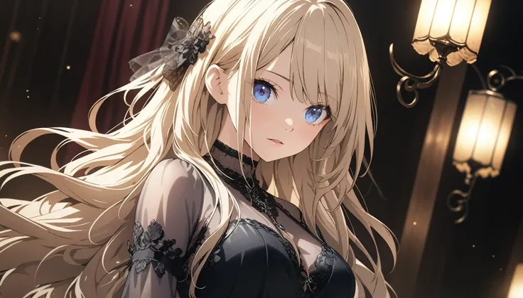 Elegant adult women, looking into distance, blue eyes, Long hair, side swept bangs, Sheer dress, see through dress, 4K resolution, High quality CG, fair