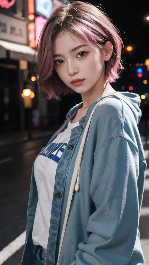 RAW shooting,12k, 最high quality, masterpiece, 超High resolution, (Realistic:1.4), RAW Photos, 1 girl,, short hair, (masterpiece, 最high quality, high quality, High resolution, Very detailed),pink hair, (Night lighting:1.4), Cyberpunk attire、Layer Color、Cloth...