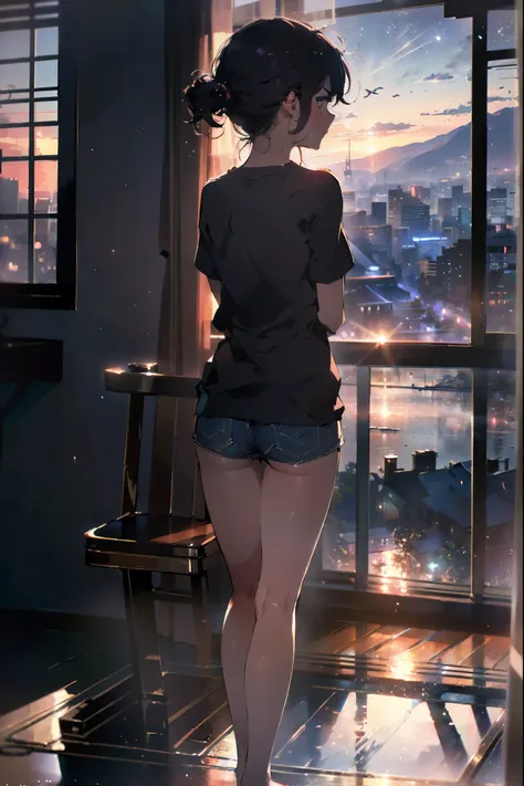 masutepiece, high quality, girl, big clothes, underwear with a small area, comfortable clothing, night, sunset, a small room wit...