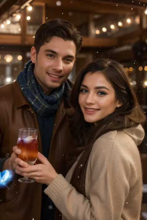 a couple smiling and holding a glass made of ice with a red and a blue drink, beautiful detailed eyes, beautiful detailed lips, ...