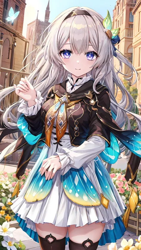 honkaifire Fly, fire Fly, (Purple eyes:1.3), Grey Hair, butterfly hair ornaments, hair ornaments, Hair Intake, Long Hair, (Bright Eyes:1.5), 
break black shoes, blue dress, blue shoes, dress, shoes, shoes, two-tone dress, two-tone shoes, white dress, Long ...