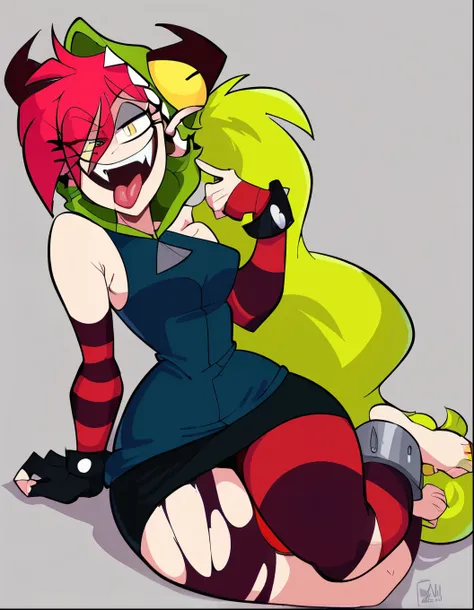 (source_cartoon), score_8, score_7_up, score_6_up, score_5_up, 1girl, flat background, simple background, full body, demencia, open mouth, tongue out, looking at viewer, smug, smirk, sharp teeth, red hair, green ponytail, yellow eyes, wide hips, narrow wai...