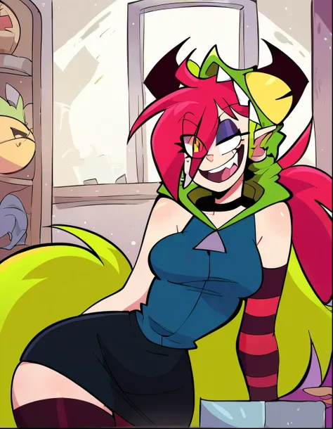 score_8, score_7_up, score_6_up, score_5_up, source_cartoon, 1girl, demencia, indoors, bedroom, red hair, green ponytail, yellow...