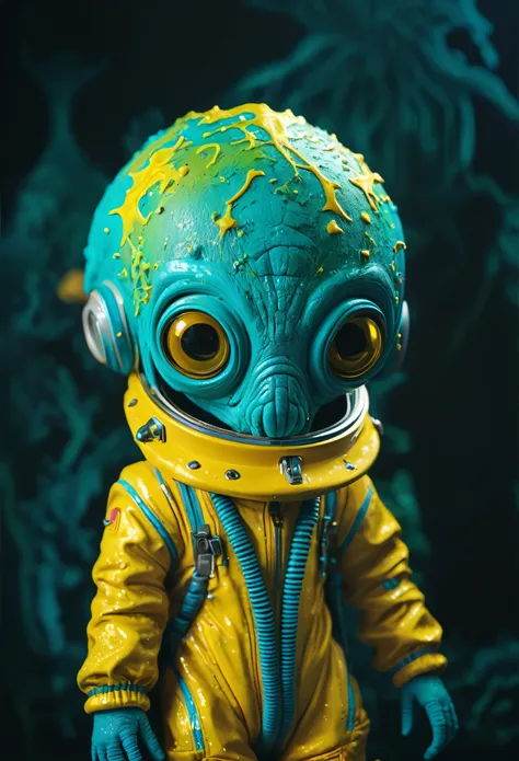 8K, ARTISTIC photogrAphy, best quAlity, mAsterpiece: 1.2), A (potrAit:1.2) Don Bluth Style  ASTRONAUT Cthulhu yellow Toon Doll, full body RAW candid cinema, cyan hair, 16mm, color graded portra 400 film, remarkable color, ultra realistic, sad admosphere, d...