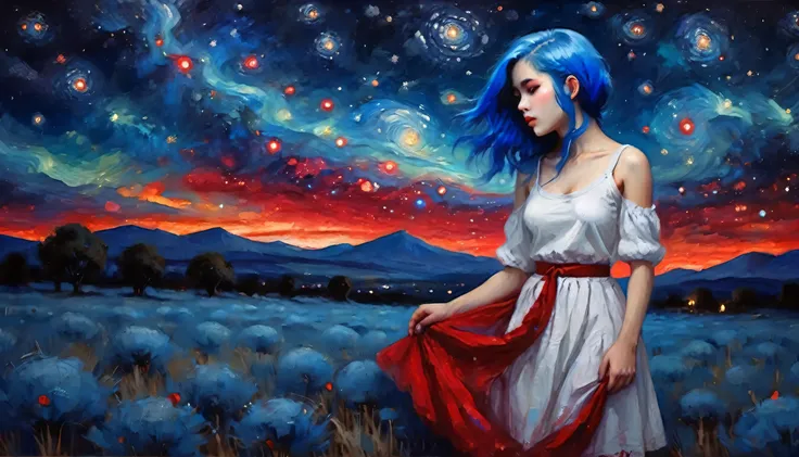 a beautiful girl, blue hair, wearing a light white outfit and a red skirt, positioned in an open field, night, detailed starry sky, wonderful art, vibrant colors, oil painting