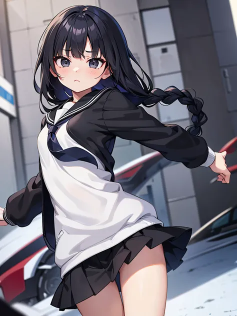 single anime girl, college teenager, small , thin thighs, short skirt, , cold face, black long hair, braid, side bangs, black eyes, tie