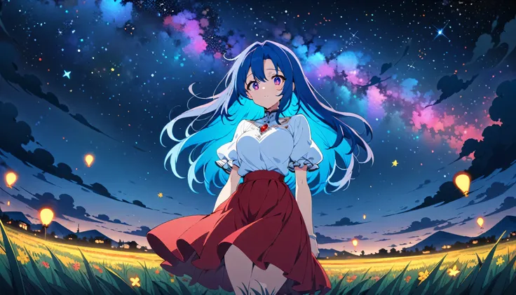 a beautiful girl, blue hair, wearing a light white outfit and a red skirt, positioned in an open field, night, detailed starry sky, wonderful art, vibrant colors, anime, masterpiece