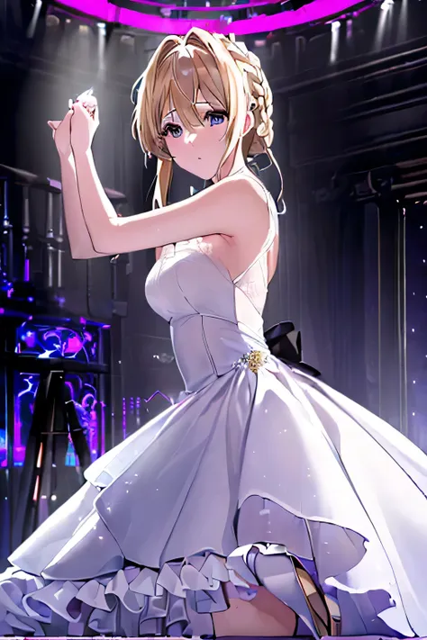 ((((masterpiece, best quality, Ultra-high resolution)))), 1 Girl, Strike a pose,（（blonde hair）），hair braids，Blue Eye，(Luminescence_Eye)a, （（White Dress）），（（Beautiful Eye））（（Delicate face）），Wedding dress