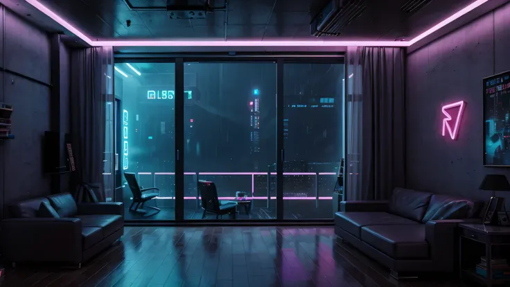 a hyper realistic picture of a cyberpunk apartment, neon lights, raining behind the window