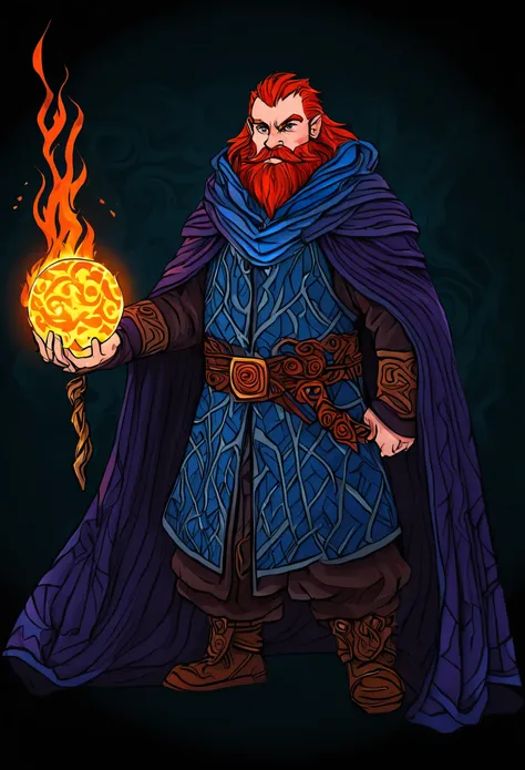 A 250x350 pixel image with a dwarf standing in the center.
He is wearing a flowing cloak, possibly blue or purple, with swirling patterns that suggest magic.
His fiery red hair is tousled and wild, a perfect contrast to his serious expression.
In one hand,...