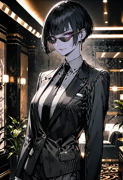 solo, female, tall, elegant, sunglasses, bodyguard, broad shoulders, pixie cut, black hair, pale skin, athletic, very tall, sober feminine suit, black clothes, small smile, medium shot, luxurious hotel, classy, professional, earpiece, cybernetically enhanc...