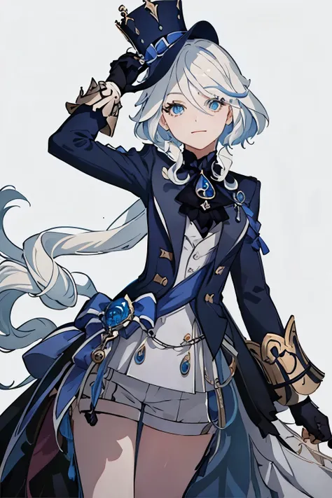 white hair,Striped hair,Blue Hair, blue eyes, top hat, masterpiece, best quality, girl, Solitary, beautiful girl, Official Art, No background, full-body shot