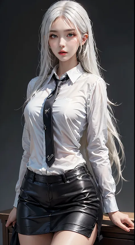 Photorealistic, high resolution, 1 woman, Hips up, Beautiful eyes, White hair, Long hair, ringed eyes, Collared shirt, black necktie,Black skirt, pencil skirts