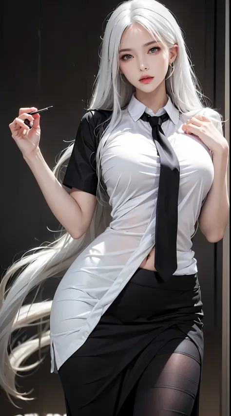 Photorealistic, high resolution, 1 woman, Hips up, Beautiful eyes, White hair, Long hair, ringed eyes, Collared shirt, black necktie,Black skirt, pencil skirts