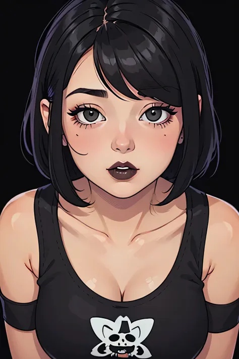 amazing portrait of a cute goth woman with her short black hair in a bob hairstyle and she's wearing heavy eyeliner around her e...